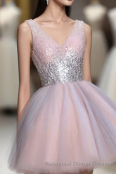 Cute Pink V Neck Tulle Seqsuins Short Semi Formal Prom Dress, Cocktail Dress